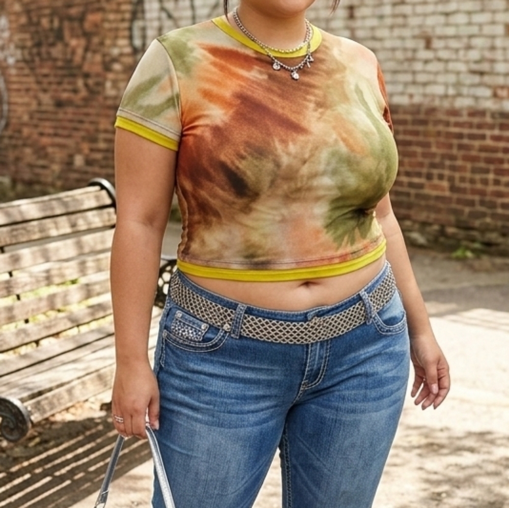 Seven Seven Tie Dye Mesh Short Sleeve Top Earthy Grunge Lime XL